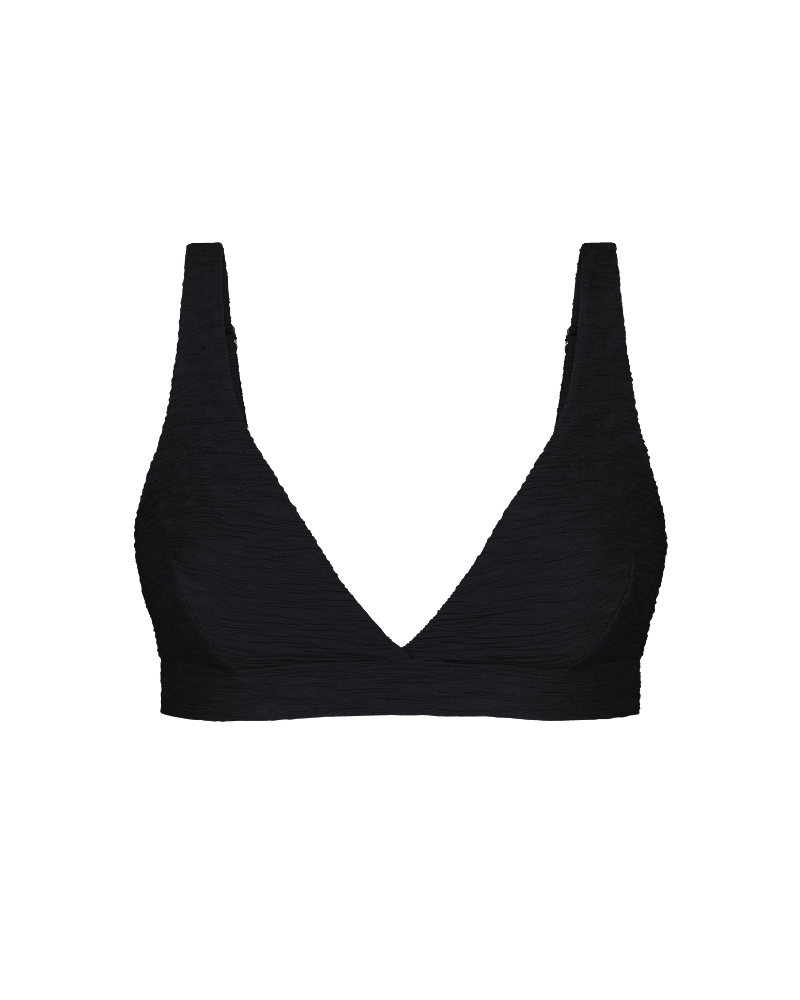 Black textured plunge top with deep V-neck and ribbed fabric, front view, no brand.