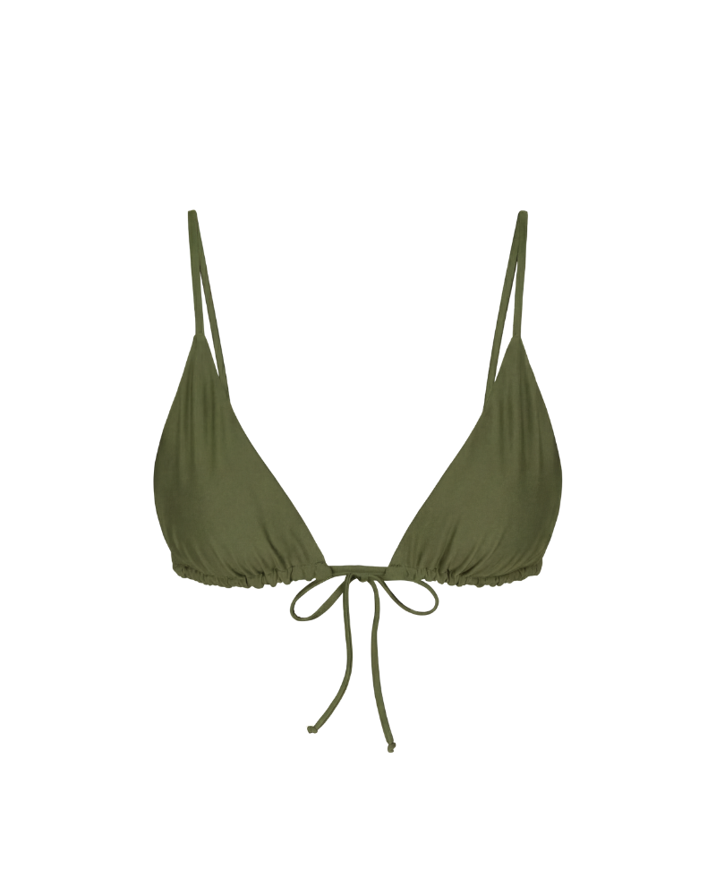 Olive green triangle bikini top with adjustable straps and front tie, front view, solid color, smooth fabric