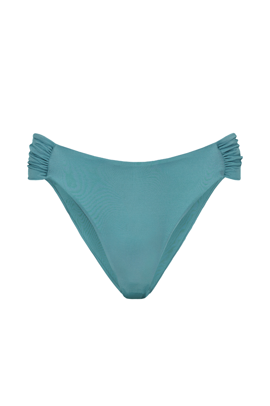 Teal gathered bikini bottoms with ruched side detailing, front view, smooth textured fabric