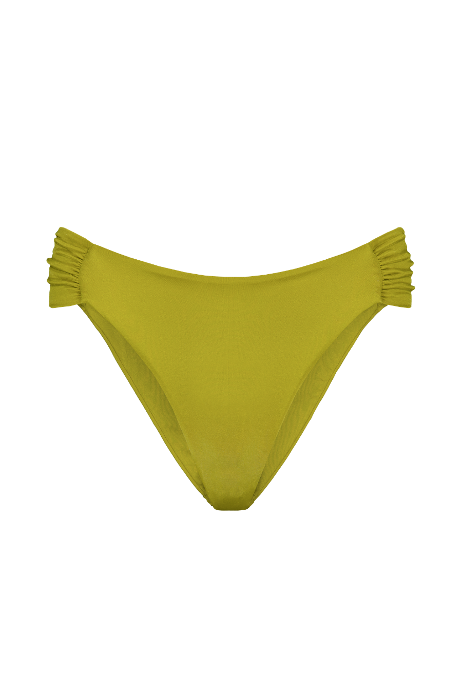 Lime green bikini bottoms with gathered side ruffles, front view, smooth stretch fabric, minimal design