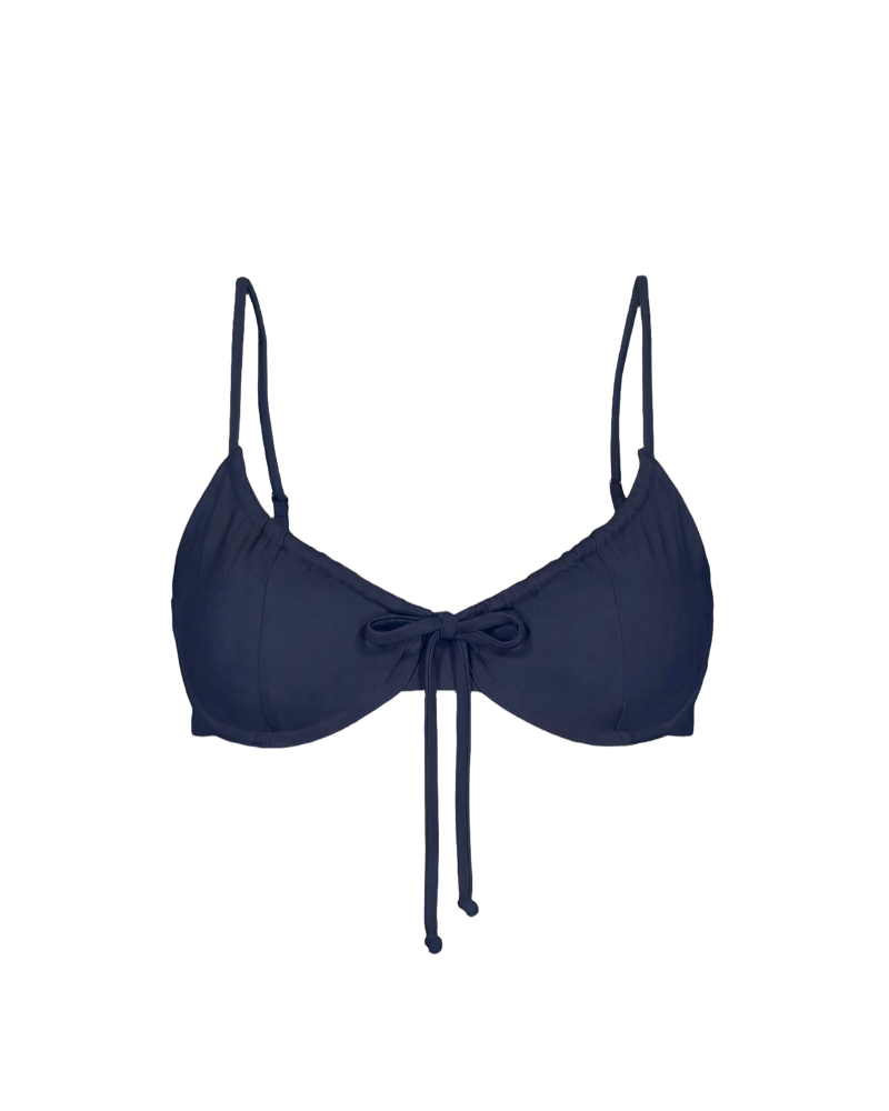 Indigo drawstring bikini top with front bow and thin straps, front view, solid color, smooth fabric