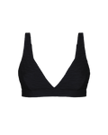 Black textured plunge top with deep V-neck and ribbed fabric, front view, no brand.