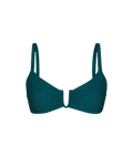 Teal underwire bikini top with ruched detailing and thin straps, front view
