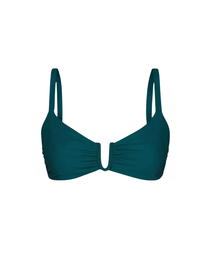 Teal underwire bikini top with ruched detailing and thin straps, front view