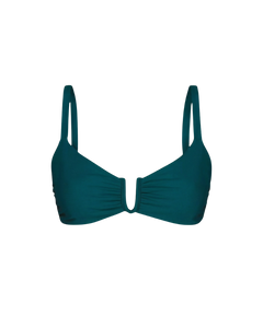 Teal underwire bikini top with ruched detailing and thin straps, front view