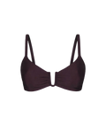 Plum-colored underwire bikini top with gathered center and thin straps, front view, smooth fabric texture