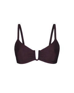 Plum-colored underwire bikini top with gathered center and thin straps, front view, smooth fabric texture