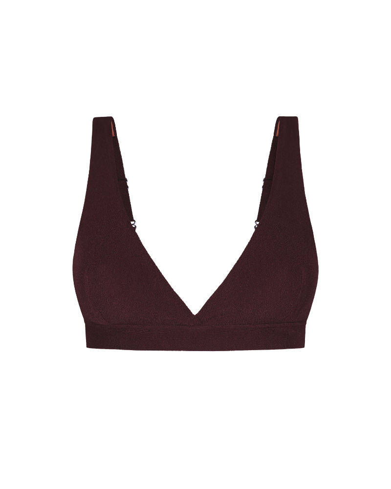 Deep burgundy ribbed plunge top with wide shoulder straps and elastic band, front view.