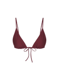 Bordeaux red triangle bikini top with adjustable ties and ruched detailing, front view