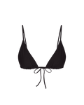 Black triangle bikini top with adjustable straps and front tie, front view, solid color, smooth fabric
