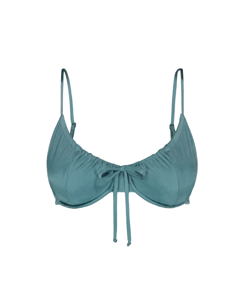 Teal drawstring bikini top with front tie and adjustable straps, front view