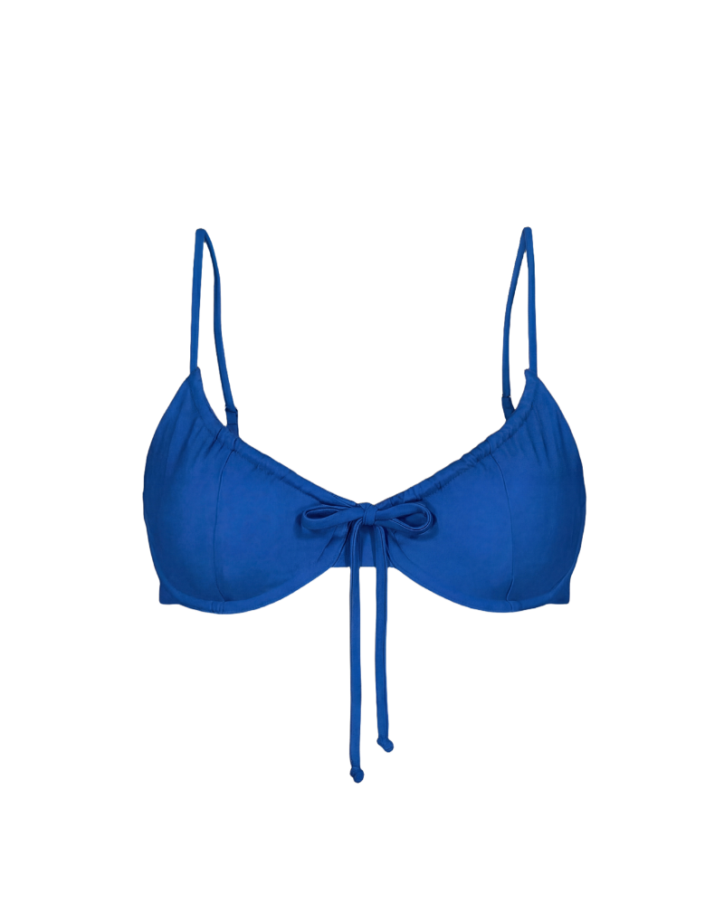 Royal blue drawstring bikini top with front bow and thin straps, front view