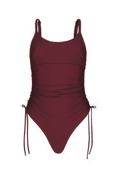 Bordeaux ruched one-piece swimsuit with side ties and adjustable straps, front view
