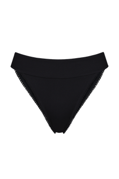 Black ribbed bikini bottom with scalloped lace trim, front view, Chloe Bottoms by Chloe