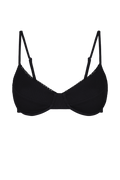Black ribbed triangle top with thin straps and scalloped edges, front view