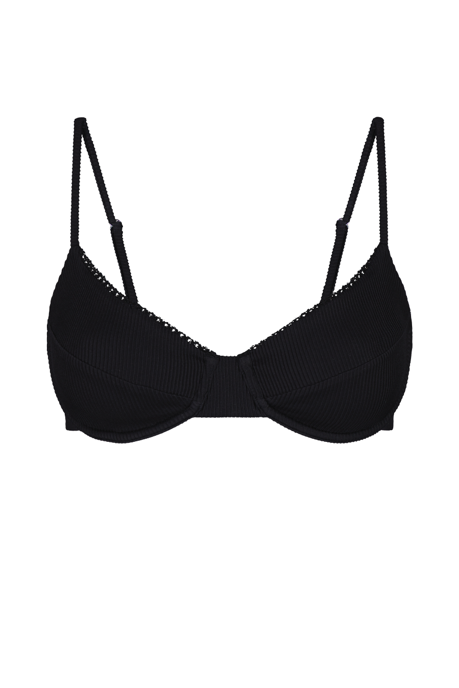 Black ribbed triangle top with thin straps and scalloped edges, front view