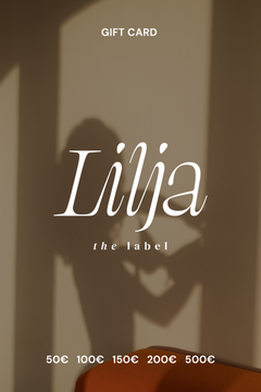 Gift card by Lilja the Label with beige background, shadow of a person and the label's name in white font.