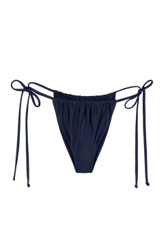 Indigo tie-side bikini bottoms with adjustable strings and elastic waistband, front view