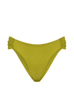 Lime green bikini bottoms with gathered side ruffles, front view, smooth stretch fabric, minimal design