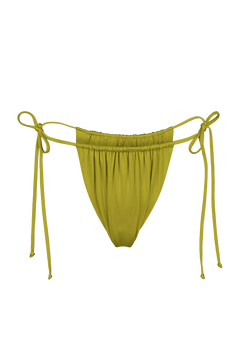 Lime green tie-side bikini bottoms with adjustable strings and ruched waistband, front view