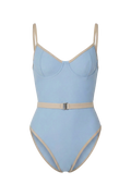 Light blue one-piece swimsuit with beige trim and waist belt, front view, smooth fabric, structured cups, thin straps