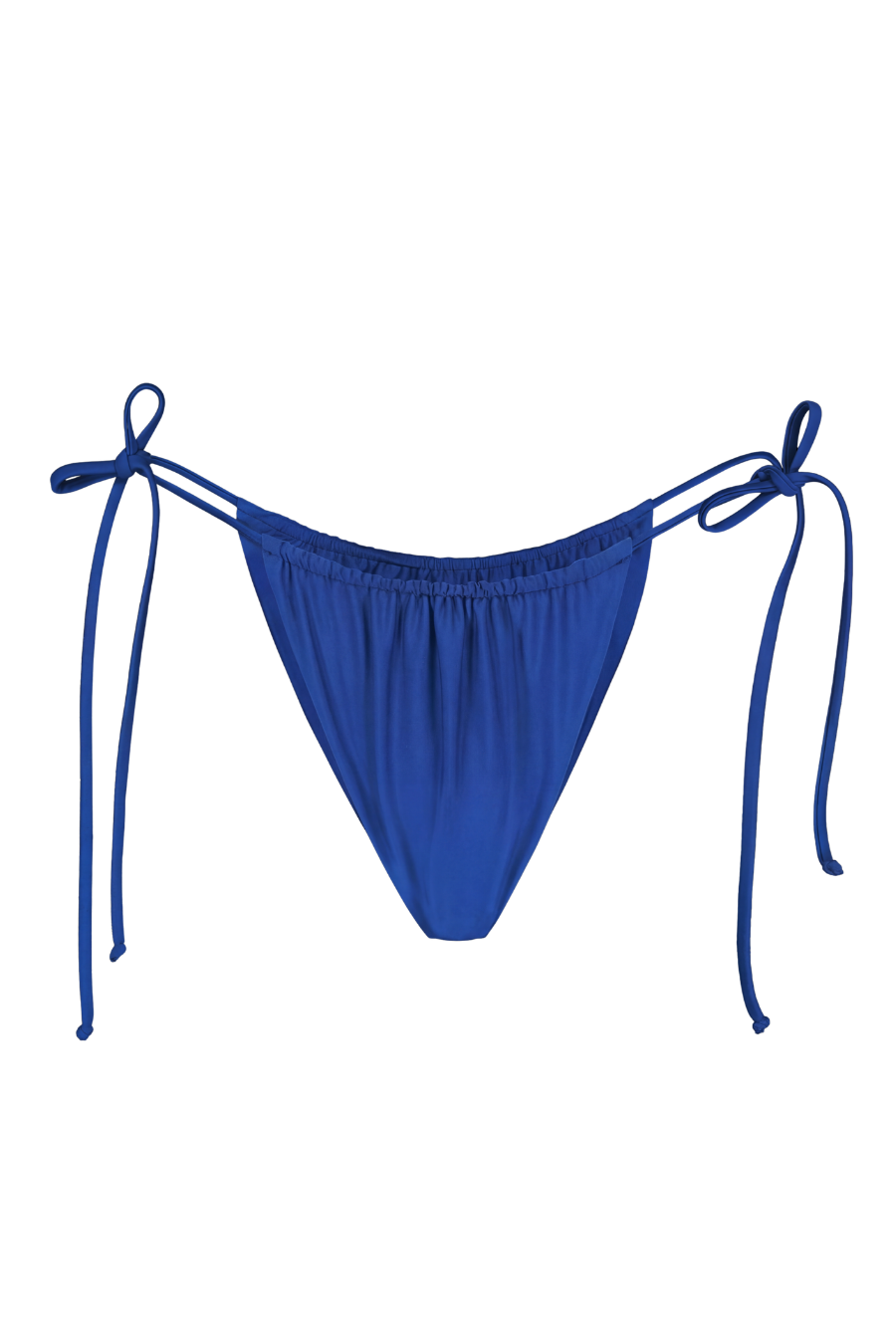 Royal blue tie-side bikini bottoms with adjustable strings and elastic waistband, front view