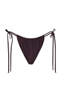Plum tie-bottom bikini briefs with adjustable side strings and ruched waistband, front view