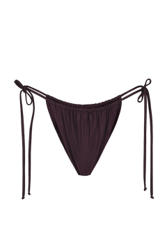 Plum tie-bottom bikini briefs with adjustable side strings and ruched waistband, front view