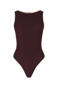 Sienna boatneck one-piece in deep burgundy ribbed knit, back view with zipper closure and high-cut leg line