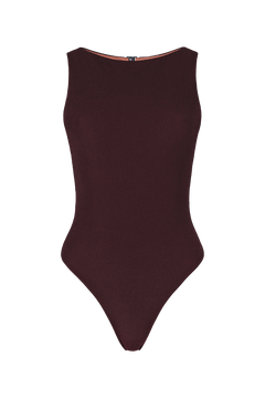 Sienna boatneck one-piece in deep burgundy ribbed knit, back view with zipper closure and high-cut leg line