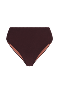 Dark brown high-leg bikini bottoms with textured fabric and terracotta lining, front view.