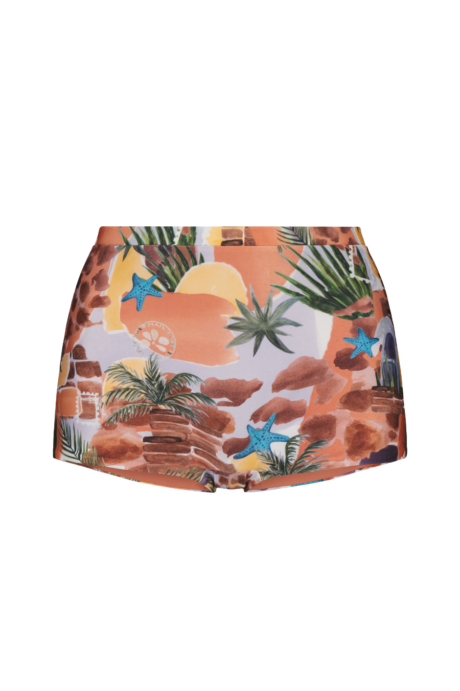 Mini shorts with vibrant desert-themed print featuring cacti, starfish, and terracotta tones, front view, cropped style