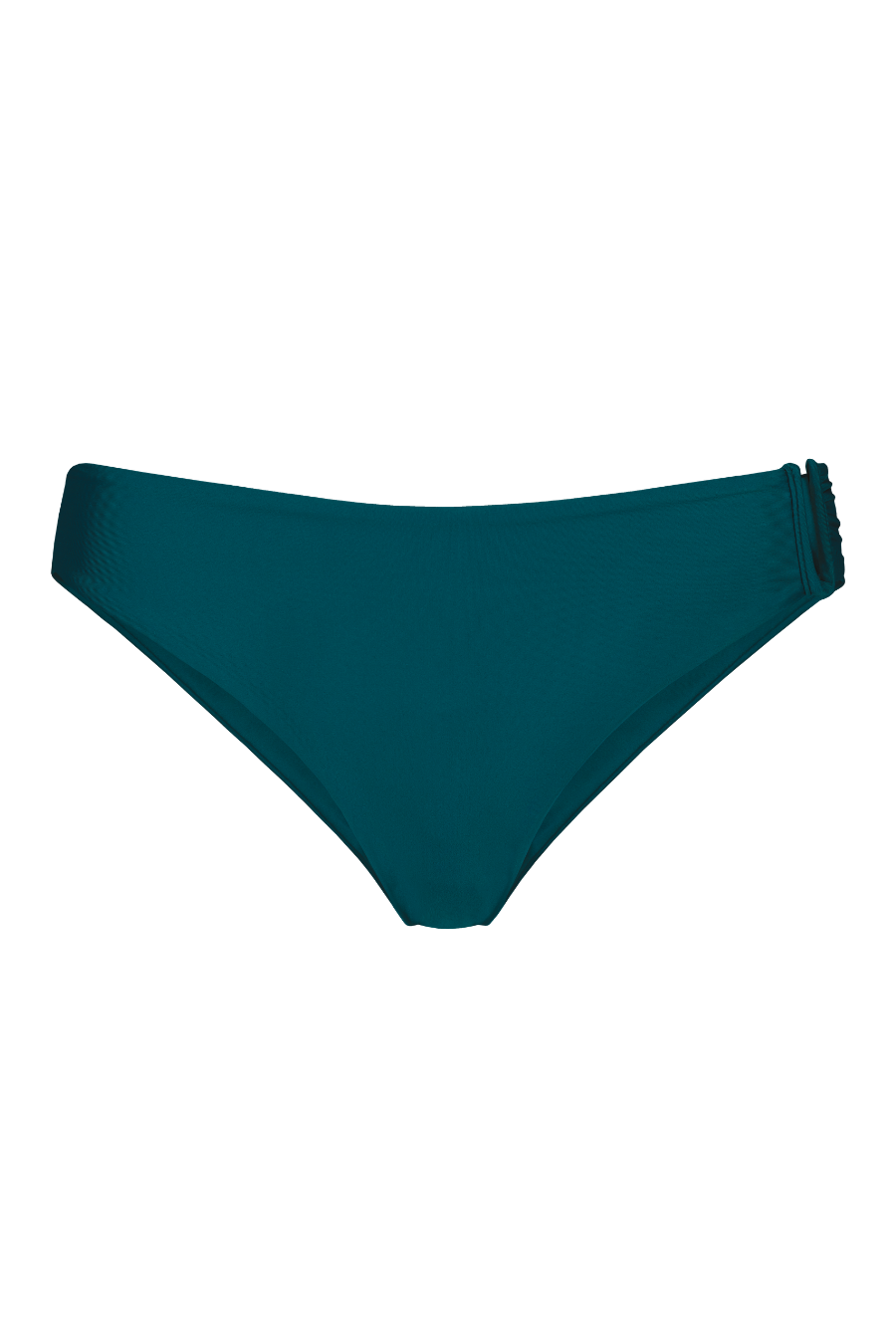 Teal ribbed bikini bottom with side ruching, front view, solid color, textured fabric