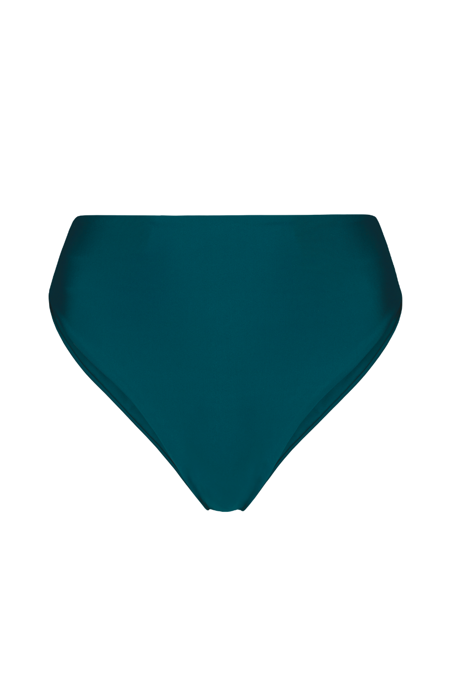Teal high-leg bikini bottoms with smooth fabric, front view, solid color, minimalist design