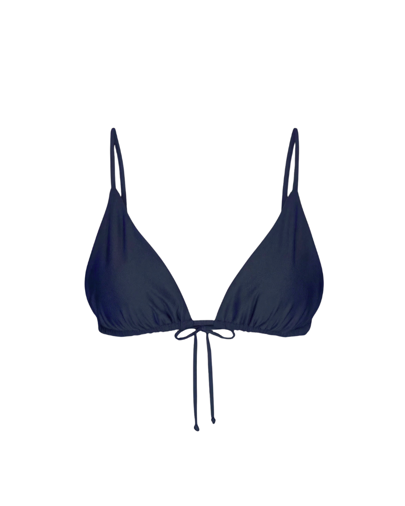 Indigo triangle bikini top with adjustable straps and front tie detail, front view